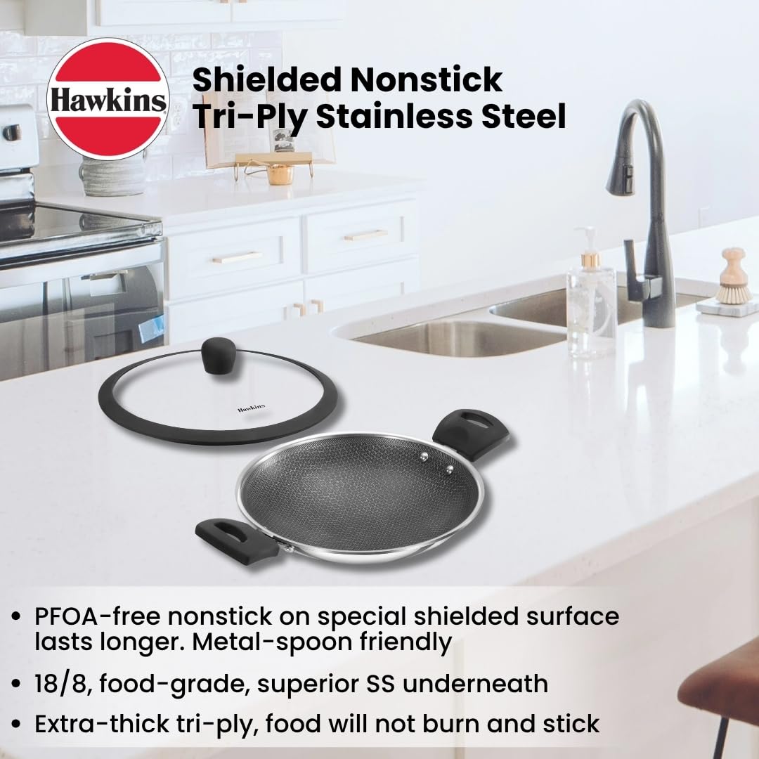Hawkins 1.25L Breakfast Pan, Nonstick Triply Stainless Steel Appachatty with Glass Lid, Chetty Pan, Appam Patra, Honeycomb Round Bottom Small Kadai, Siler (NSA1