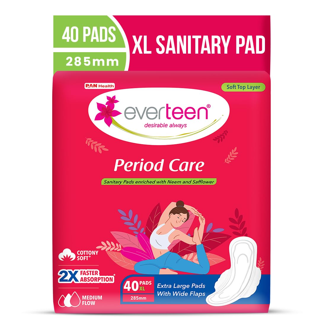 everteen Sanitary Pads XL 40 Pcs for Women, Cotton Sanitary Napkin XL 285mm, Extra Long Pad for Medium Flow, Wider Back Coverage for No Stains, Rash Free 8 Laye