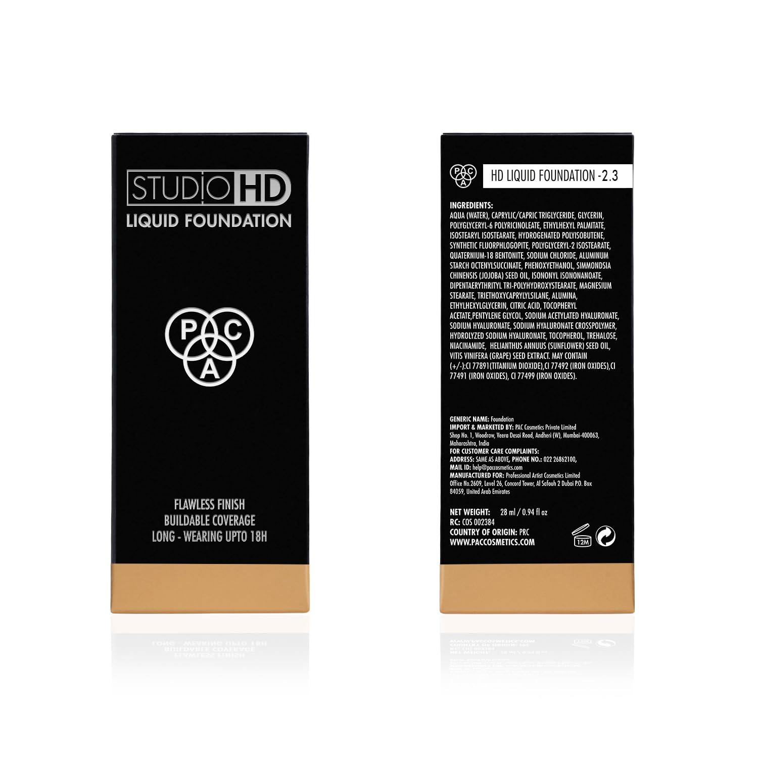PAC Studio HD Liquid Foundation (2.3) | Lightweight Dewy Satin Finish | Medium to Buildable Coverage | Natural Second Skin like Finish | Suitable for all Skin Types - 28ml