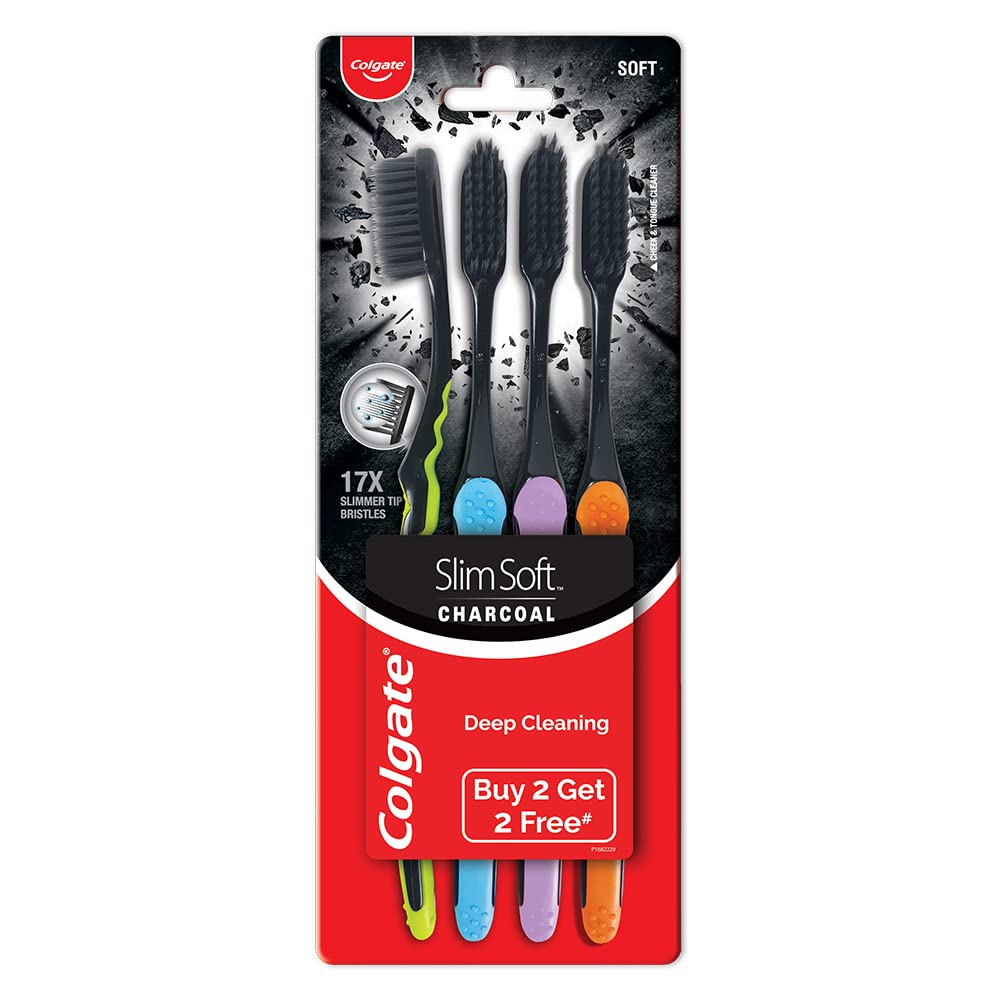 Colgate Charcoal Gentle Deep Cleaning Toothbrush - 4 Pieces (Slim Soft), original,1611636 Lime Green,blue,purple and Orange 4 count (Pack of 1)