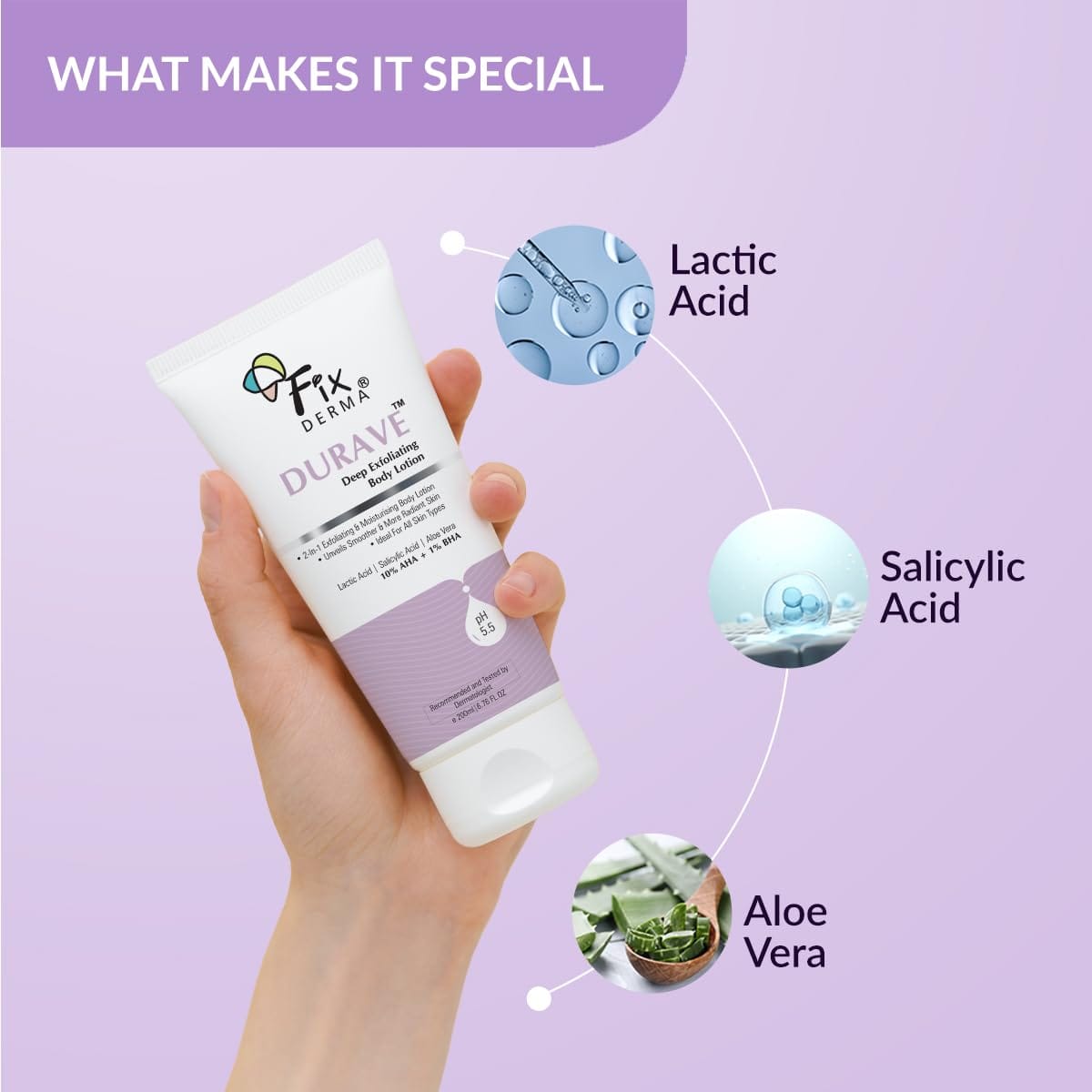 Fixderma - Durave 10% AHA + 1% BHA Deep Exfoliating Body Lotion with Lactic & 1% Salicylic Acid | Body Exfoliator | Body Lotion for Women & Men | Moisturizer fo