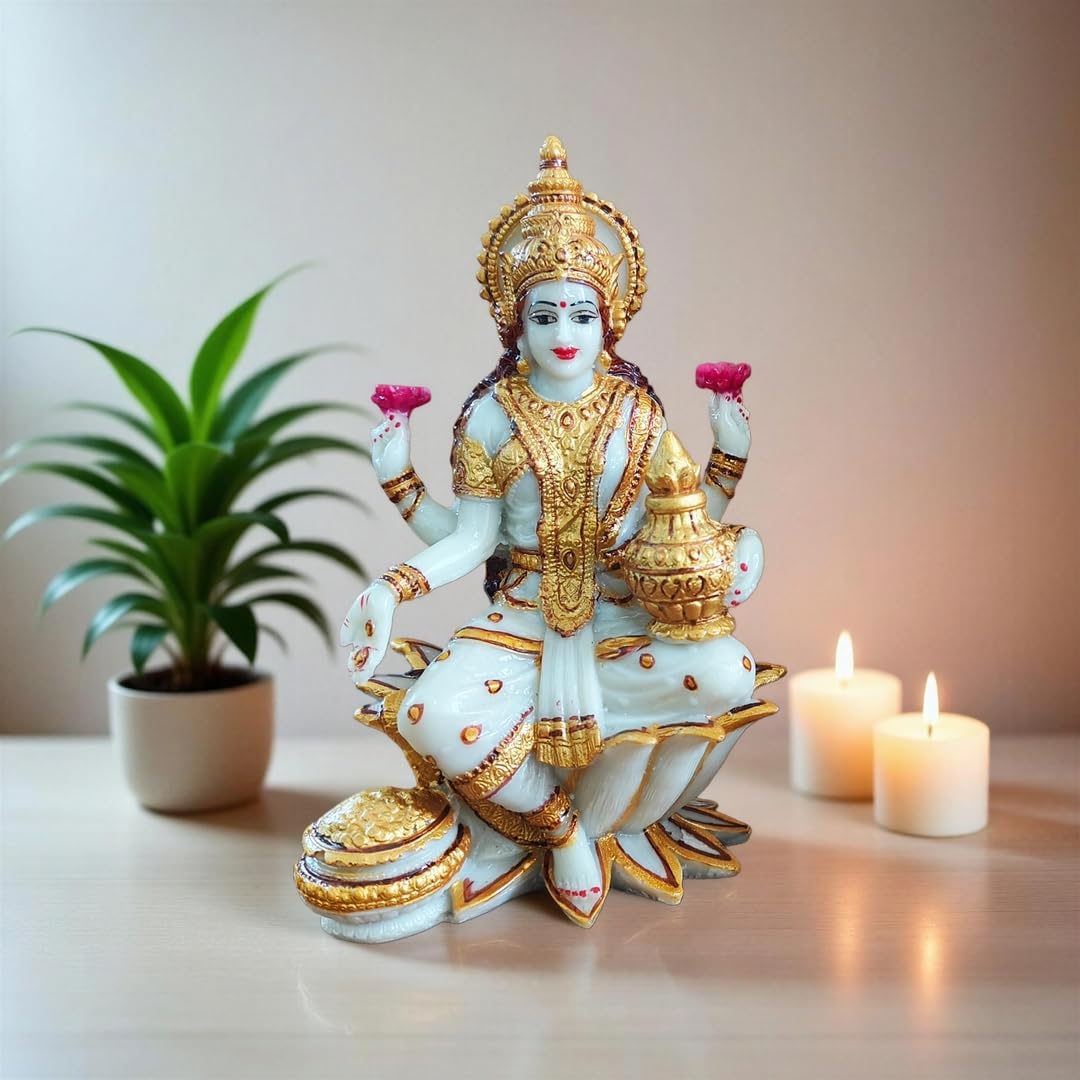 YASHONIDHI Lakshmi Devi Marble Dust Idol, 7 Inches, White and Gold, Goddess Laxmi MATA Murti, for Pooja Room, for Home Decor, Office Decoration, for Good Luck a