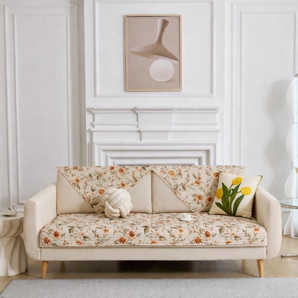HOMETHREADS Anti-Skid Sofa Protector Mat: Premium Printed Cotton Slipcover with Strong PVC Non-Slip Backing (Beige, 2 Seater | 140x75cm) Beige 2 Seater | 140x75