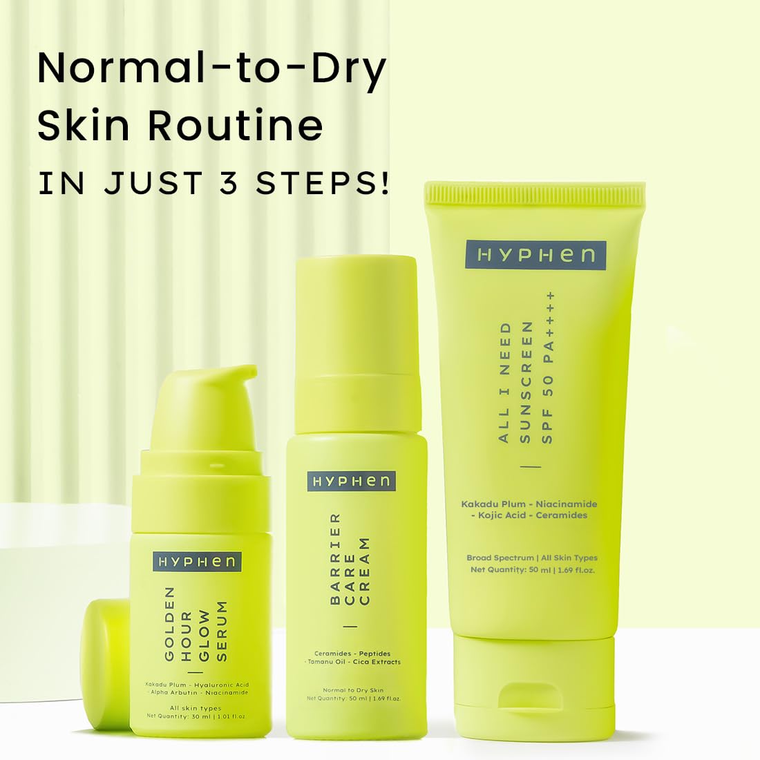 Hyphen Daily Face Care Regime for Normal & Dry Skin | 3 Step Facial Kit Routine withFace Serum, Face Cream & Sunscreen SPF 50 To Heal Skin Dryness & Dehydration