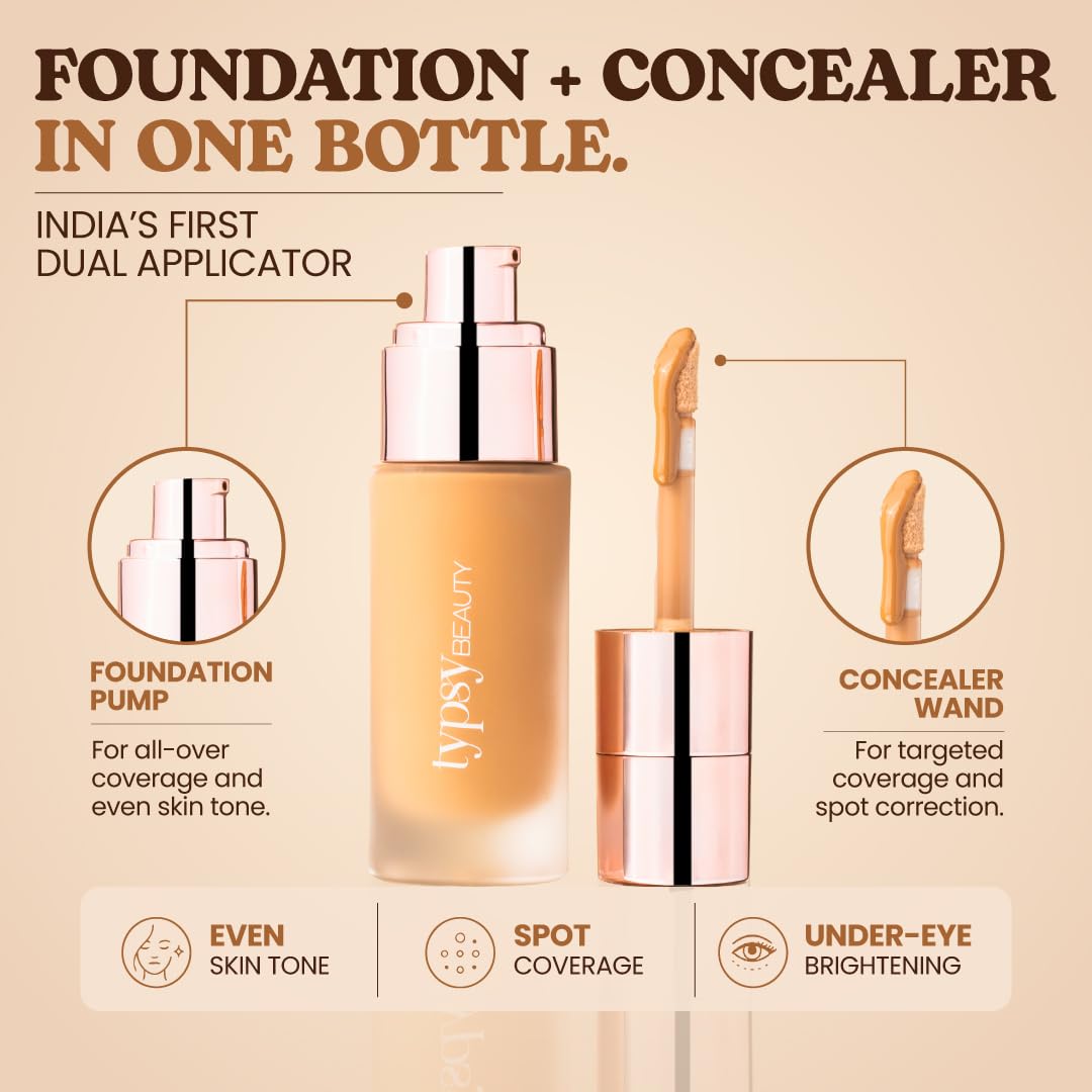 Typsy Beauty Foundcealer Flex 3-IN-1 Base with SPF 30, Moringa Oil & Niacinamide, Full coverage with Dual applicator Light Neutral 02 |40 g