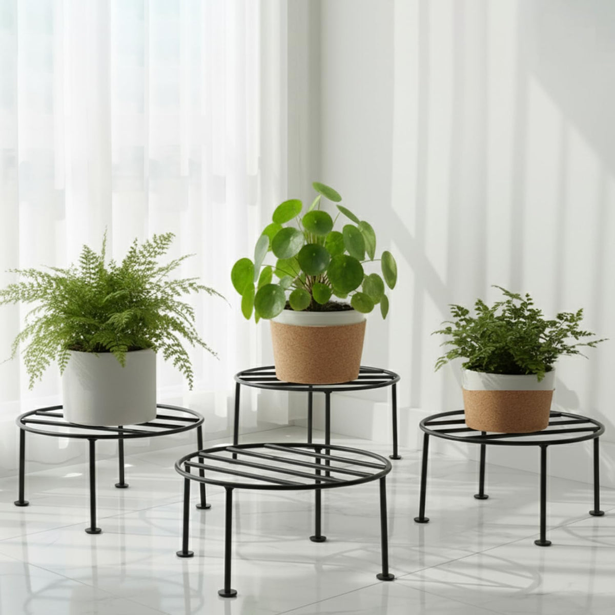 ORILEY 4 Pcs Round Plant Stand Galvanised Metal Flower Pot Holder Rust Resistant Gamla Support Corner Rack Outdoor Display Shelf for Home Garden Balcony Decorat