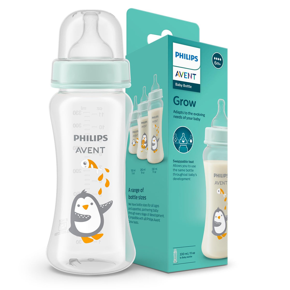 Philips Avent Grow Plastic Feeding Bottle | Anti-Colic | Easy Fill,Easy Clean|BPA Free | with 6M+ Flow Teat | Made in India (330ml) (Penguine with Fishes) 330ml
