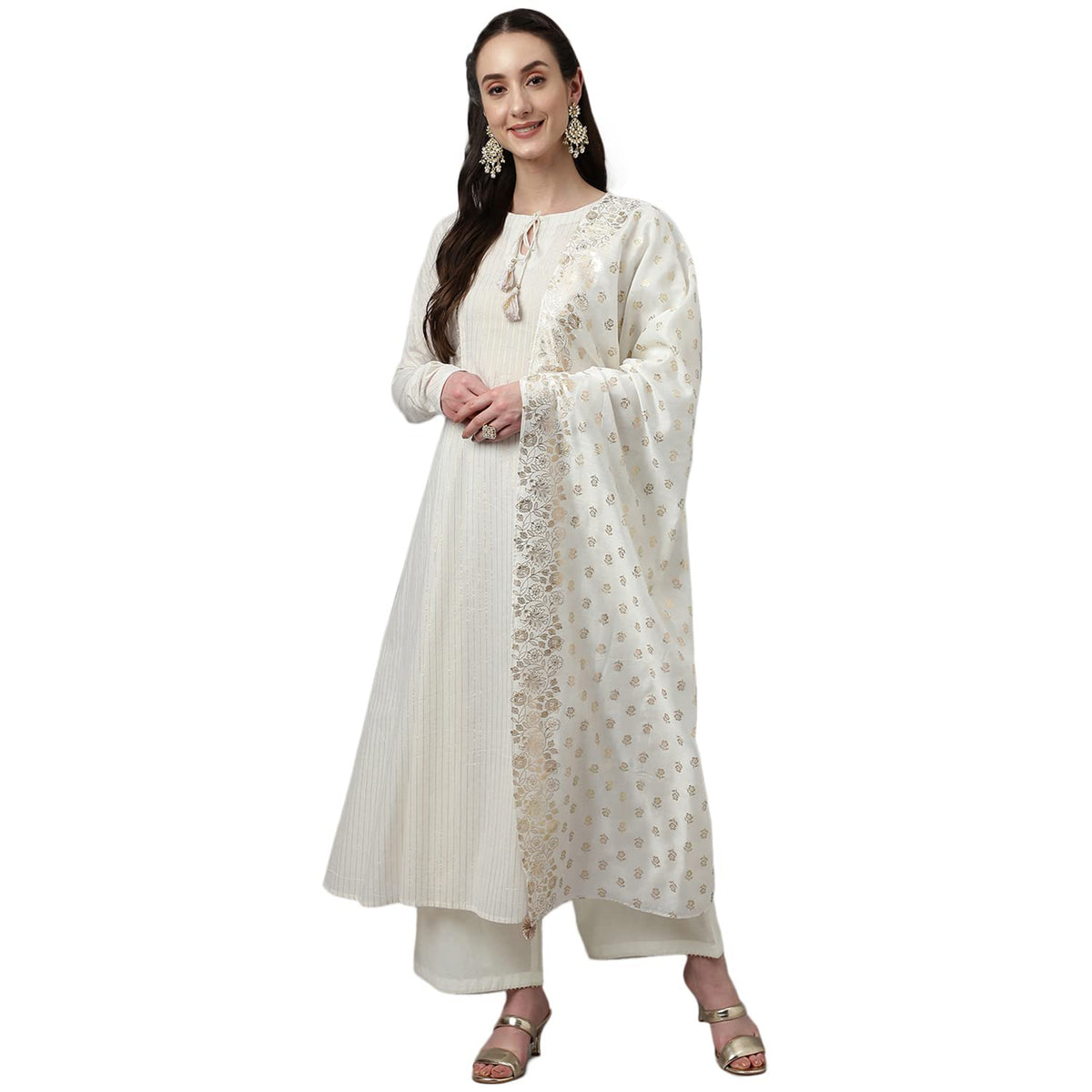 FIORRA Women's Off White Pure Cotton Flared Kurta with Palazzo and Dupatta Small Off-white