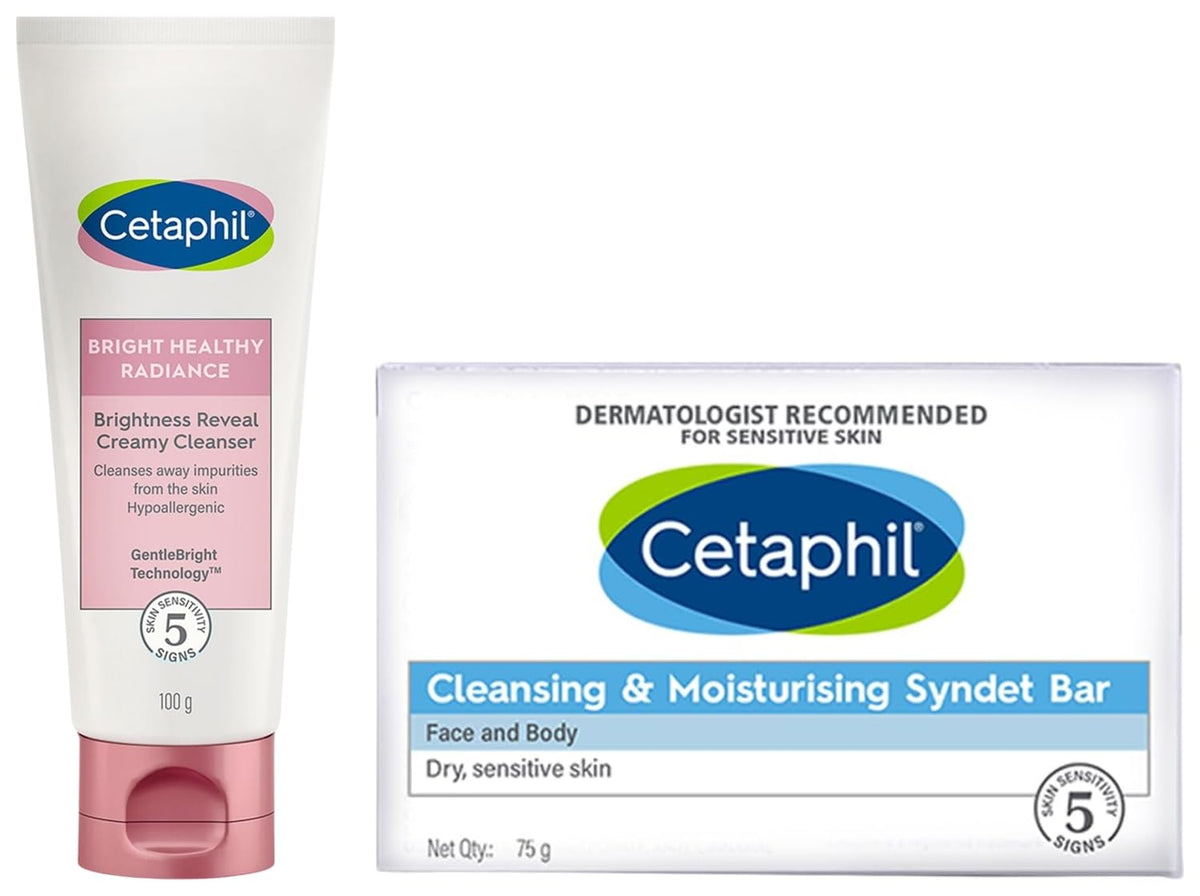 Cetaphil VVF India Cleansing And Moisturising Syndet Bar, 75g Brightness Reveal Creamy Cleanser - 100 g Brightening Face Wash for Uneven Skin Tone Niacinamide,