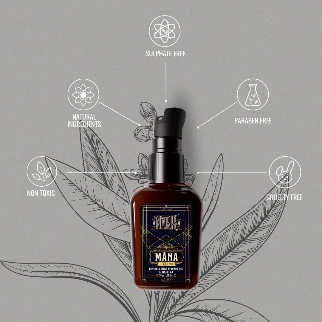 NARH MANA | Premium Beard Oil | All-Natural Grooming Oil with Oud Fragrance | Non-Sticky, Hydrating, Beard Nourishing Formula | Enriched with Jojoba, Avocado Oi