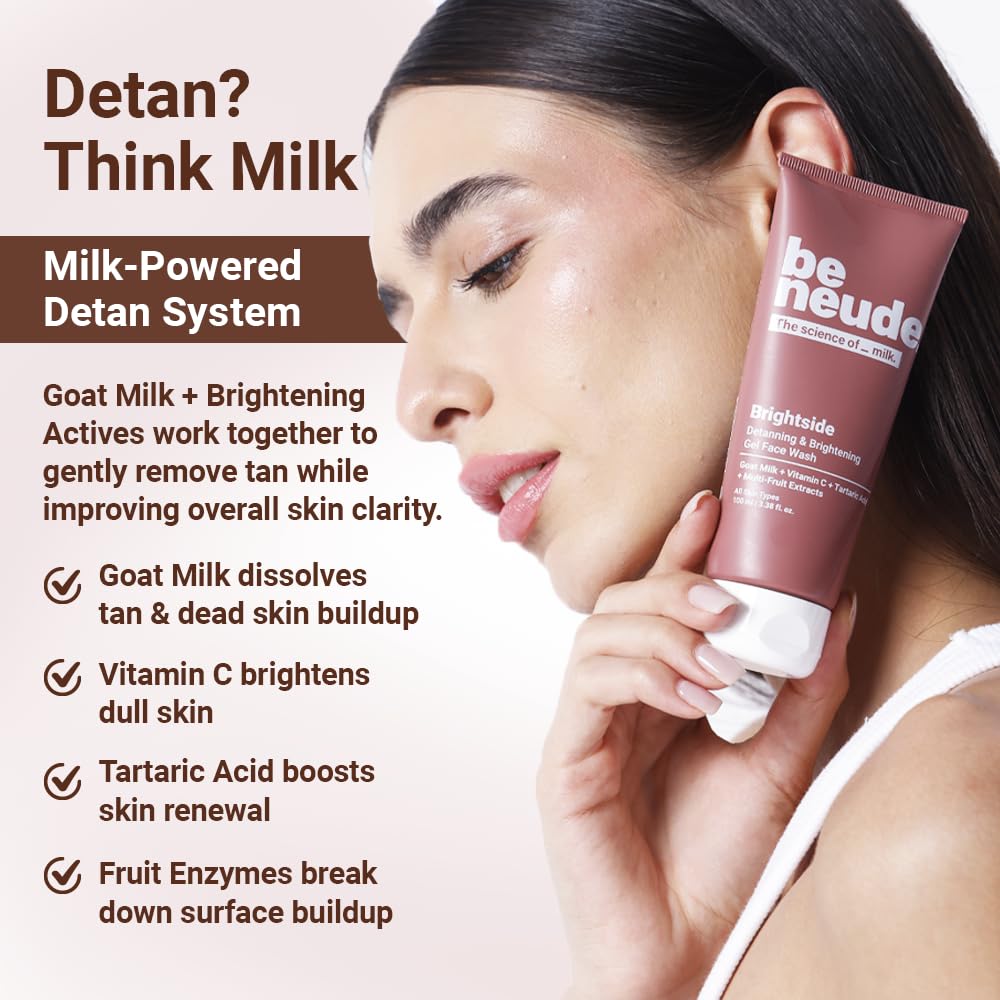 Be Neude Brightside 100ml Detan & Brightening Gel Face Wash with Goat Milk, Vitamin C & Tartaric Acid for Dark Spot Removal, Pigmentation & Glow, Face Wash for