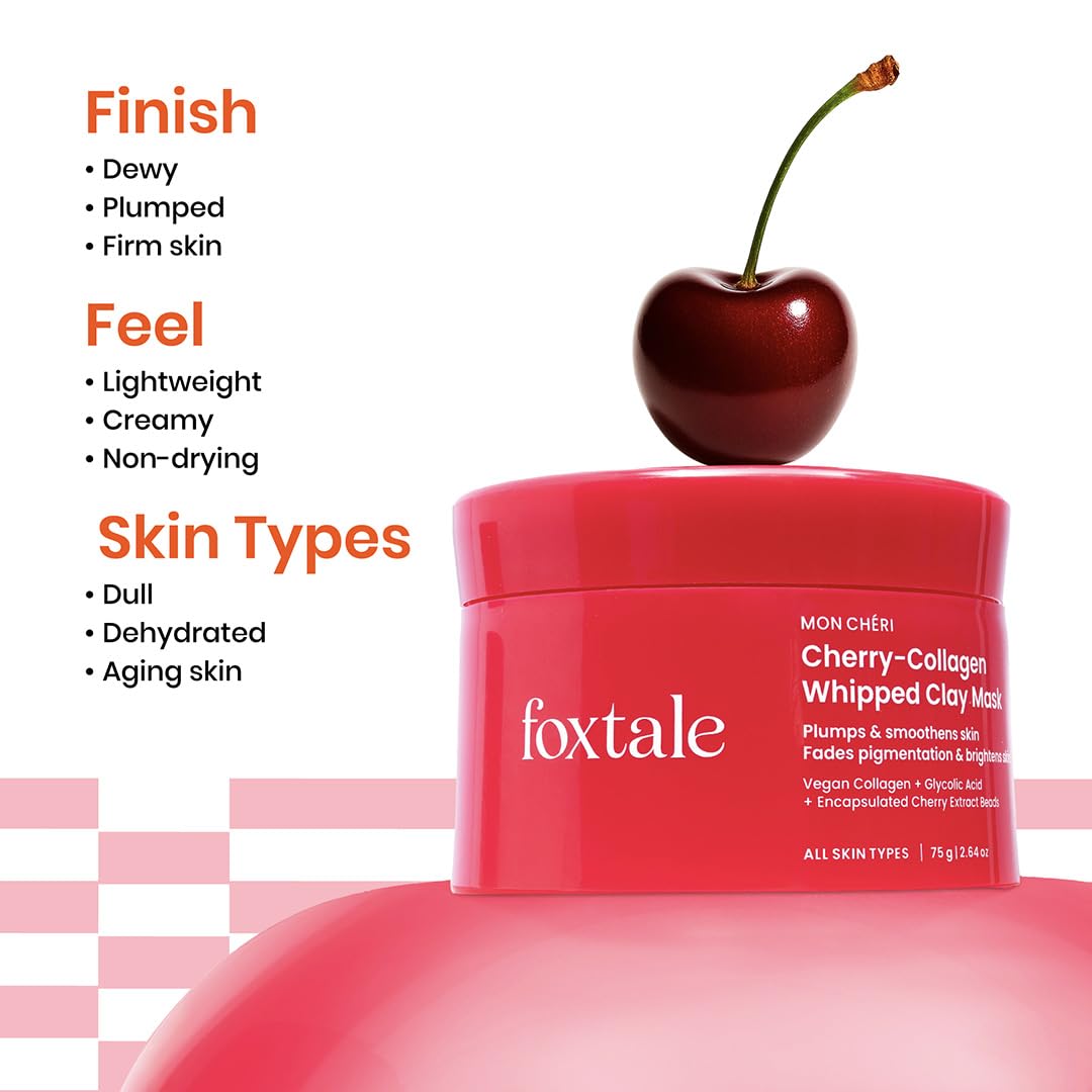 Foxtale Cherry-Collagen Whipped Clay Mask | Vegan Collagen + Glycolic Acid + PHA + Cherry Beads | Hydrates, Plumps & Firms Skin | Detoxifies Pores, Brightens & Smooths Dull, Uneven Skin | 75g