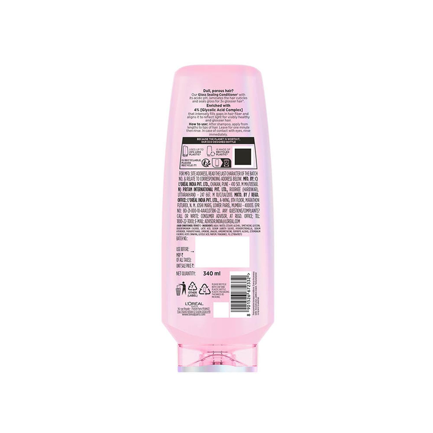 L’Oréal Paris Glycolic Gloss Shine sealing conditioner, powered by 4% Glycolic Acid, for dull hair, smoothens hair fiber for 3x more gloss, 340ml