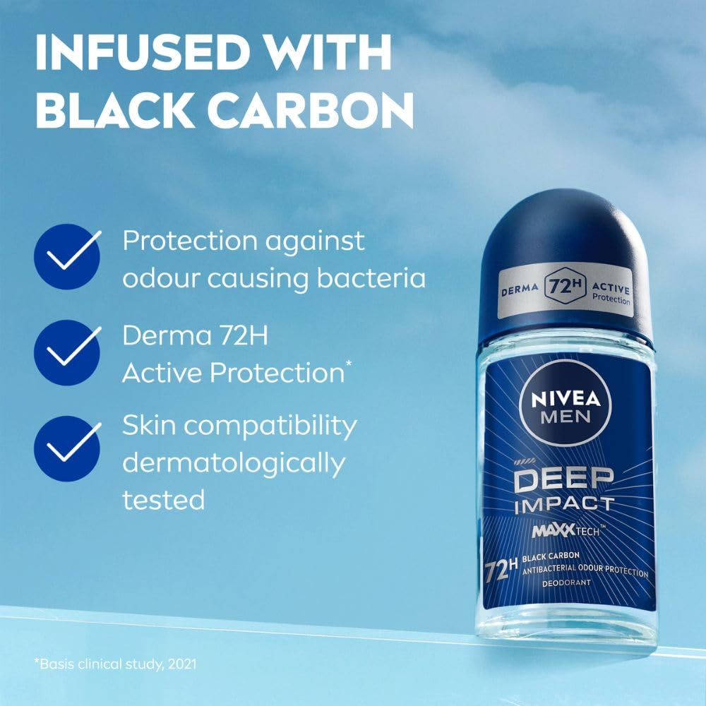 NIVEA MEN Deep Impact Freshness Underarm Roll On Deodorant for Men with Black Carbon | Long Lasting Antiperspirant Roll On for Body Odour Control | Alcohol Free