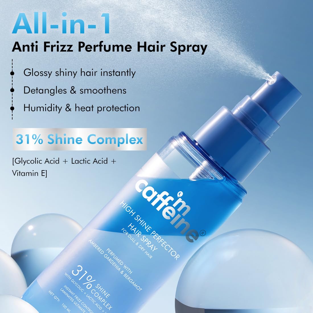 mCaffeine Anti-Frizz Perfume Hair Spray For Instant Gloss| 31% Shine Complex with Glycolic Acid | Adds Shine, Heat & Humidity Protection, Lightweight Formula| L