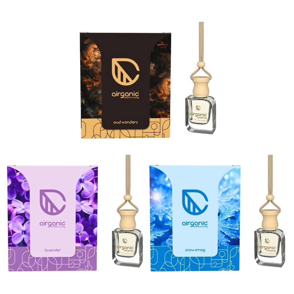 AIRGANIC Aroma Swing - Pack of 3 (30 ml): Oud Wonders, Lavender & Snow Smog | Aroma with Essential Oils in Glass Bottle with Wooden Diffuser Lid | Hanging Car F