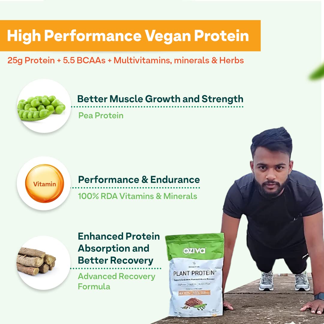 OZiva Bioactive Plant Protein Powder, 5.5g BCAA, Pea Isolate, Mango, 1kg