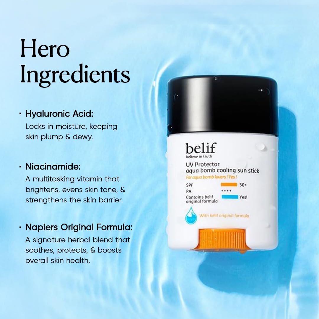 Belif Aqua Bomb Cooling Sun Stick 14g | SPF 50+ PA++++ – Hydrating, Mess-Free, Invisible Finish – With Hyaluronic Acid & Niacinamide – Sweatproof, Travel-Friend