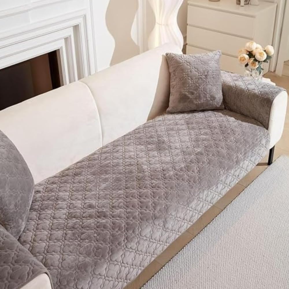 HOMETHREADS Innovative Premium Velvet Sofa Cover Mat with PVC Backing for Non-Slip Comfort | (Light Grey_Clubs, 5 Seater | 70x230cm)