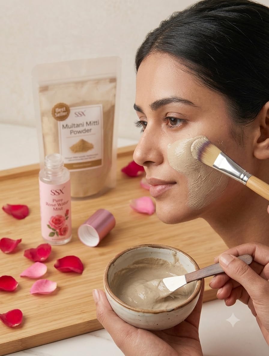 SSX Pure Rose Water Spray Toner and Natural Multani Mitti Powder Combo for Glowing Skin, Oil Control & Acne Care | Herbal Face Pack Kit for Men & Women