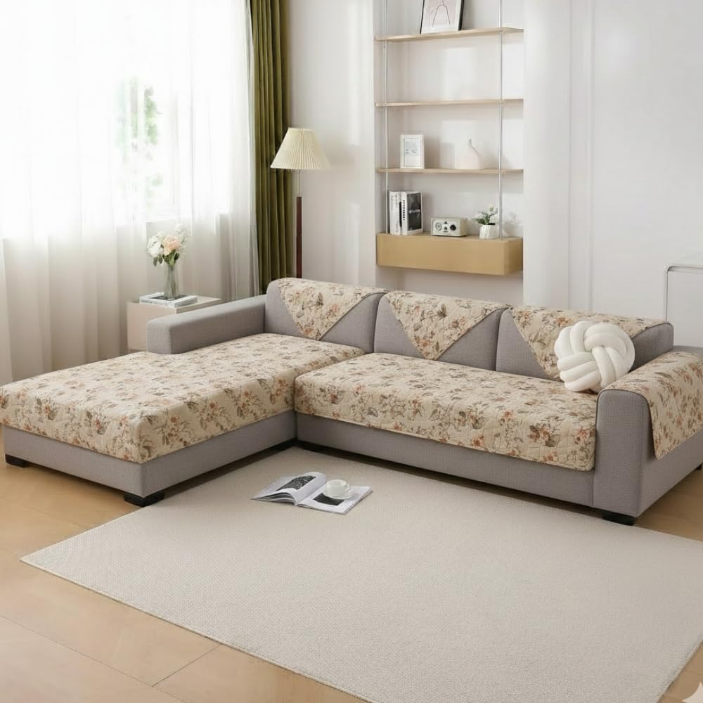 HOMETHREADS Anti-Skid Sofa Protector Mat: Premium Printed Cotton Slipcover with Strong PVC Non-Slip Backing (Beige, 2 Seater | 140x75cm) Beige 2 Seater | 140x75