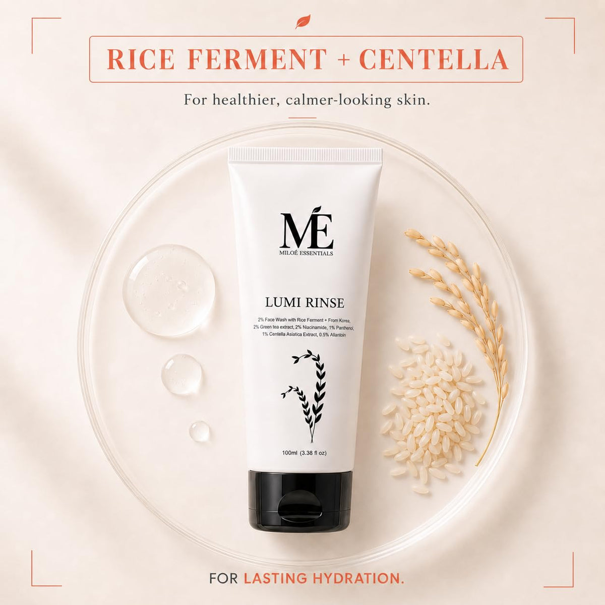 Miloé Lumi Rinse Face Wash 100ml | Korean Brightening Cleanser with Rice Ferment, Green Tea & Niacinamide | Sulfate-Free for Glowing, Even-Toned Skin | Non-Come