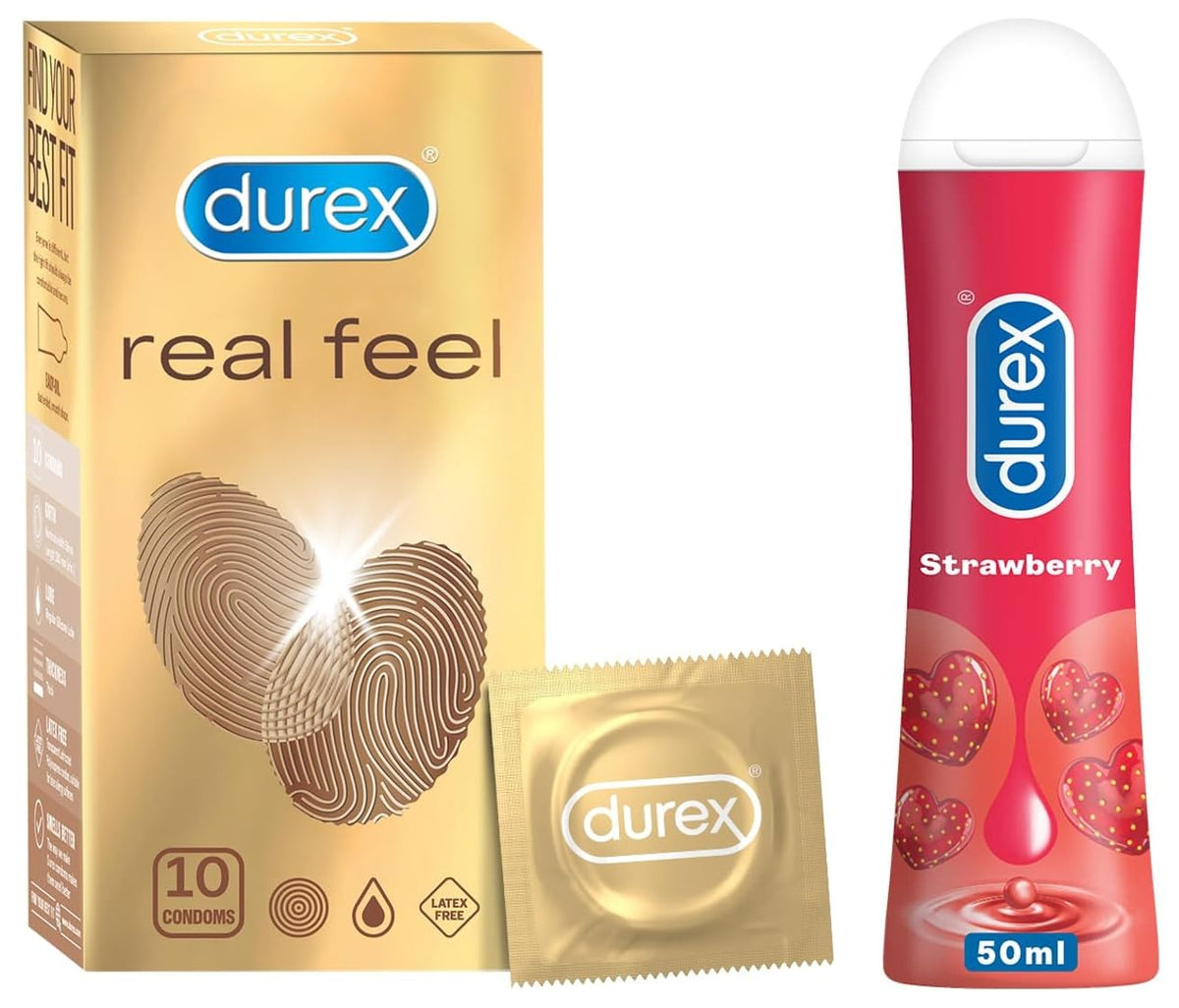 Durex Real Feel Condoms For Men - 10 Count| For Real Skin On Skin Feeling| Latex Free| Suitable For Use With Lubes & Lube Strawberry Flavoured Lubricant Gel - 5