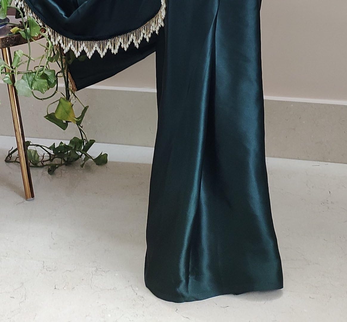 Women's Ready to Wear Satin Silk 1 Minute Pre Pleated Saree with Hand Work Tassels (Blackish Green) Free size Blackish Green