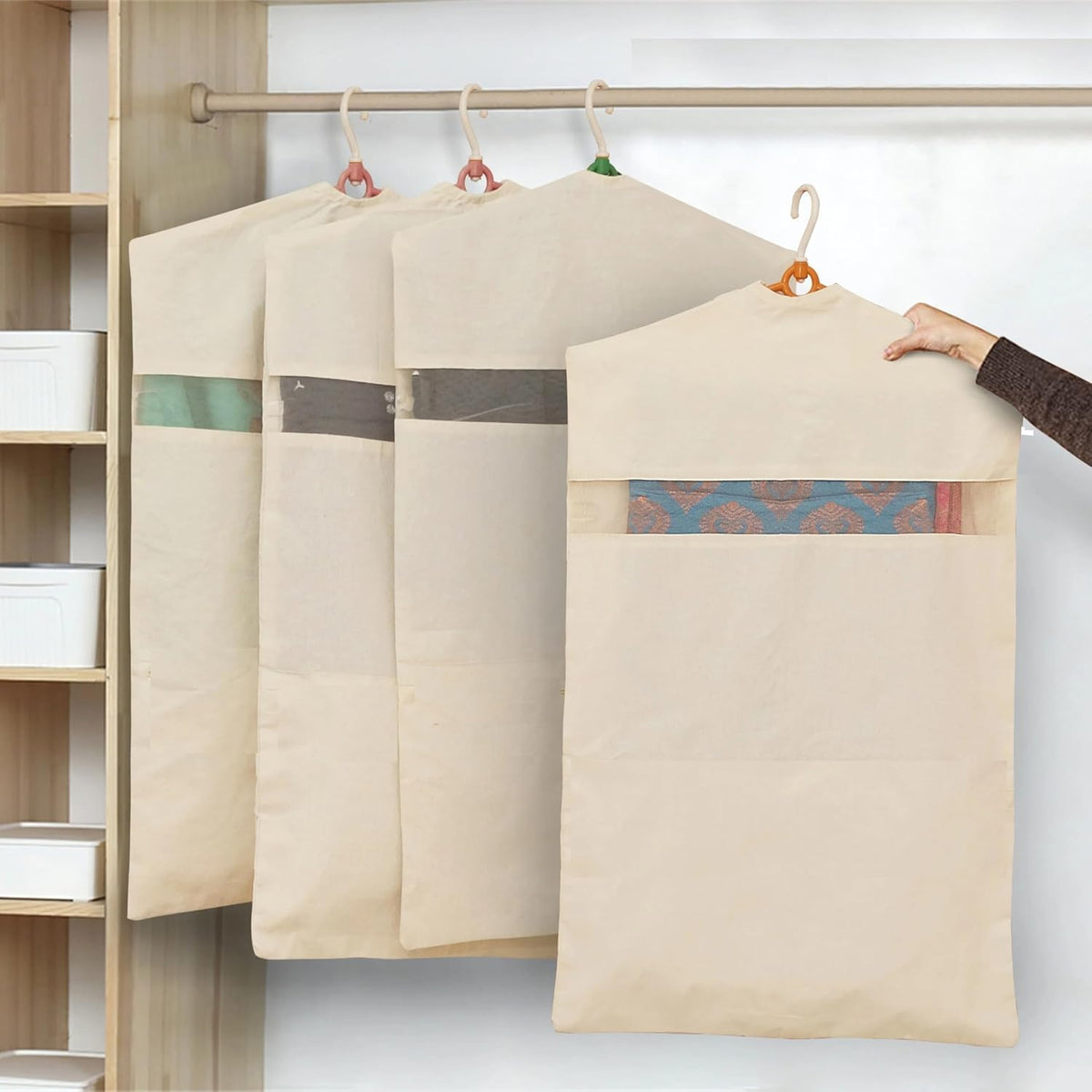 Hanging Cotton Saree Covers with Zip (Set of 12) of 30x 18 (Inches) For saree storage bags | Haniging Cotton Saree Cover/Bags for Saree/clothes (HANGERS ARE NOT