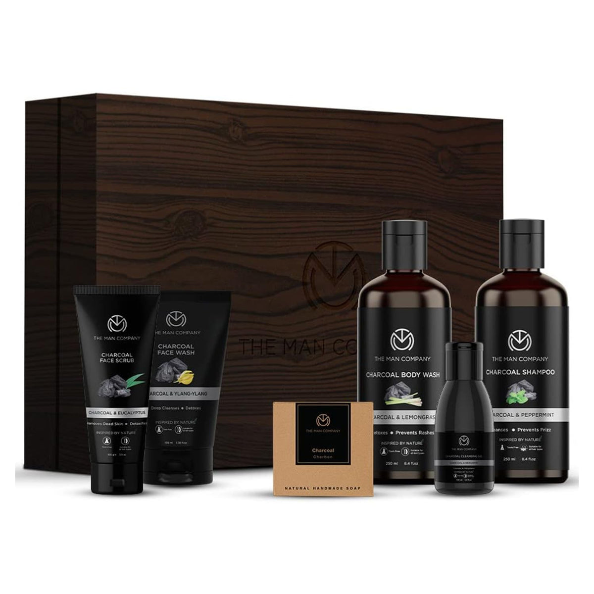The Man Company Charcoal Grooming Kit with Body Wash, Shampoo, Face Scrub, Face Wash, Cleansing Gel, Solid Soap Bar | Combo Gift Set for Husband, Boyfriend - Se