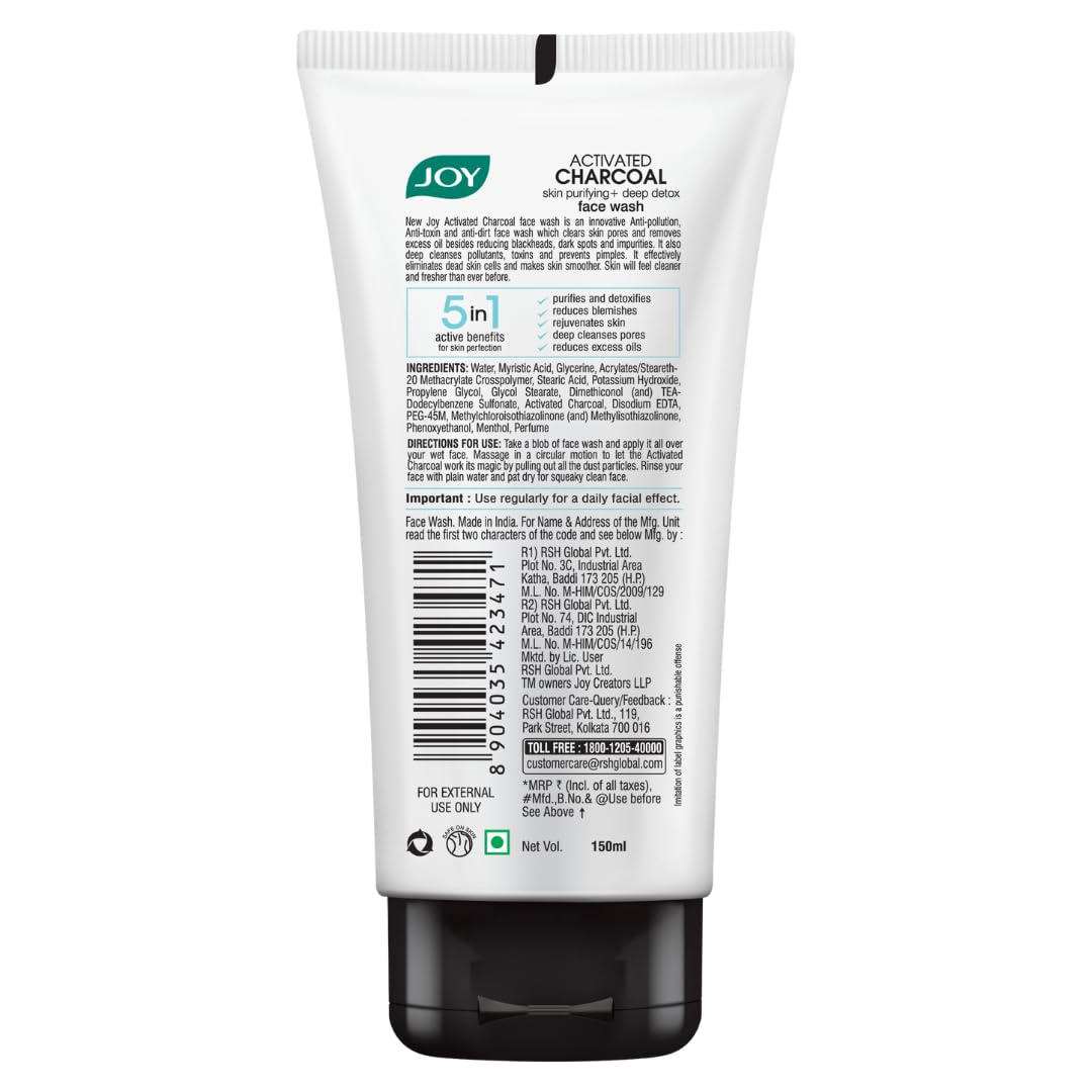 Joy Activated Charcoal Face Wash for Oily Skin 150ml x 2 | Controls Oil & Removes Dirt & Blackheads | Fights Pollution, Reduces Acne & Pimples For a Clearer & S