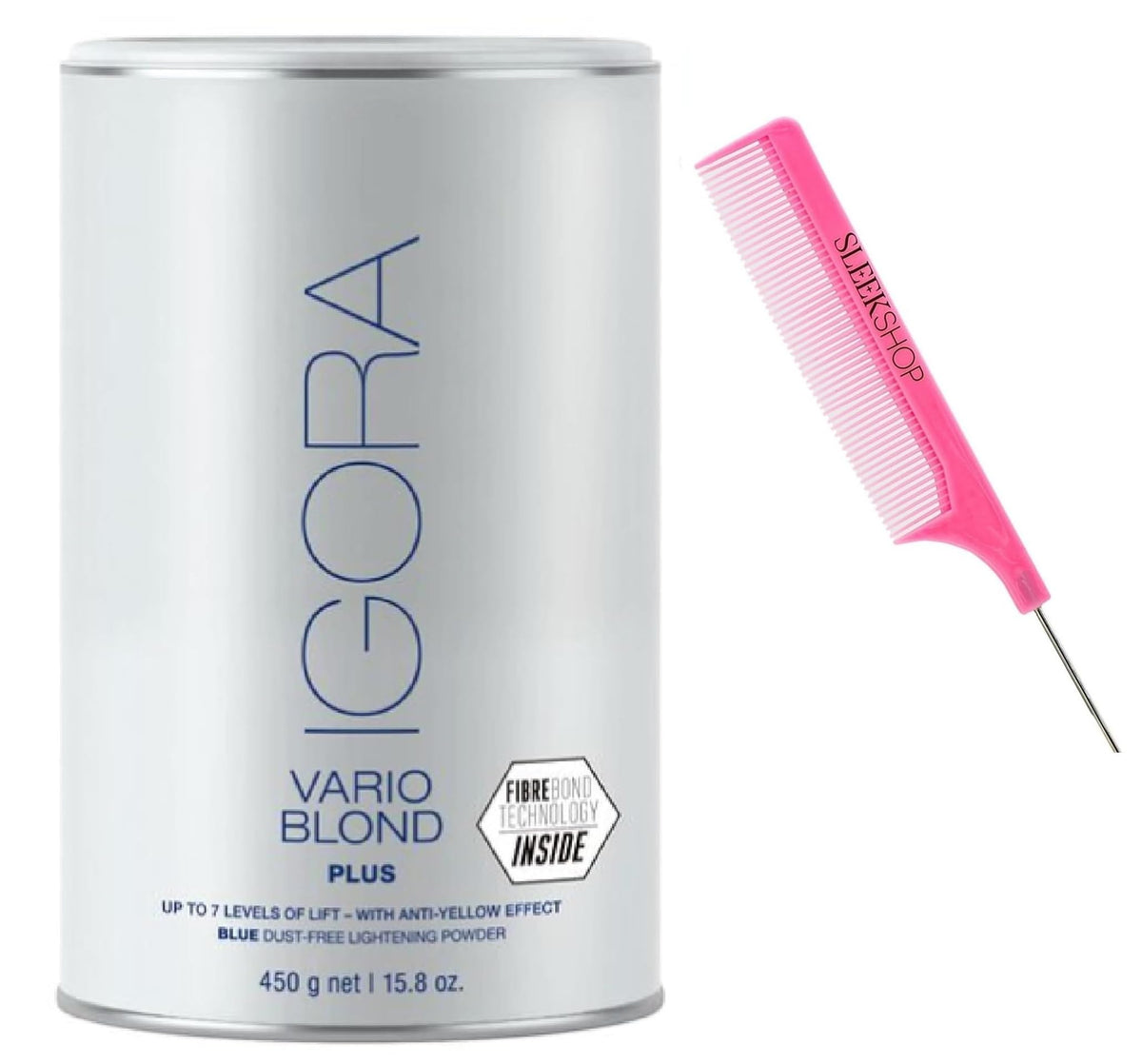 Vefi Comb + Schwarzkapf IGORA VARIO BLOND PLUS, Blue Dust-Free Lightener, Blonde Lightening Powder, 2024-2025 Version (w/Sleek Pink Comb) (Vario Blond Plus (15.