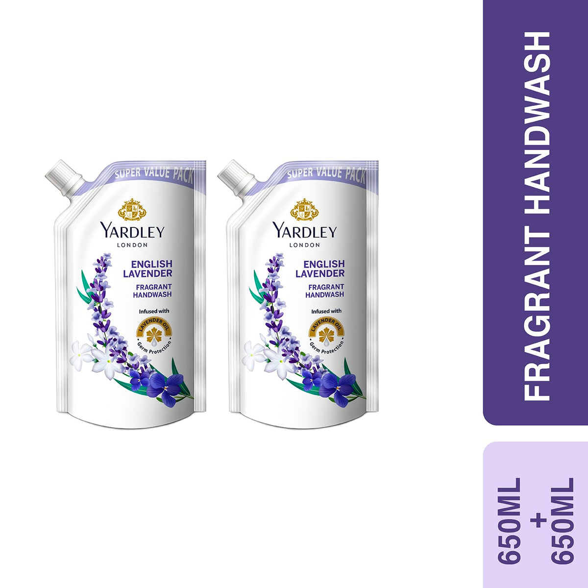 Yardley London English Lavender 600ml Pack of 2 Fragrant Handwash| Infused with Pure Lavender Oil| Germ Protection| For Soft & Fragrant Skin Lavender 600 ml (Pa