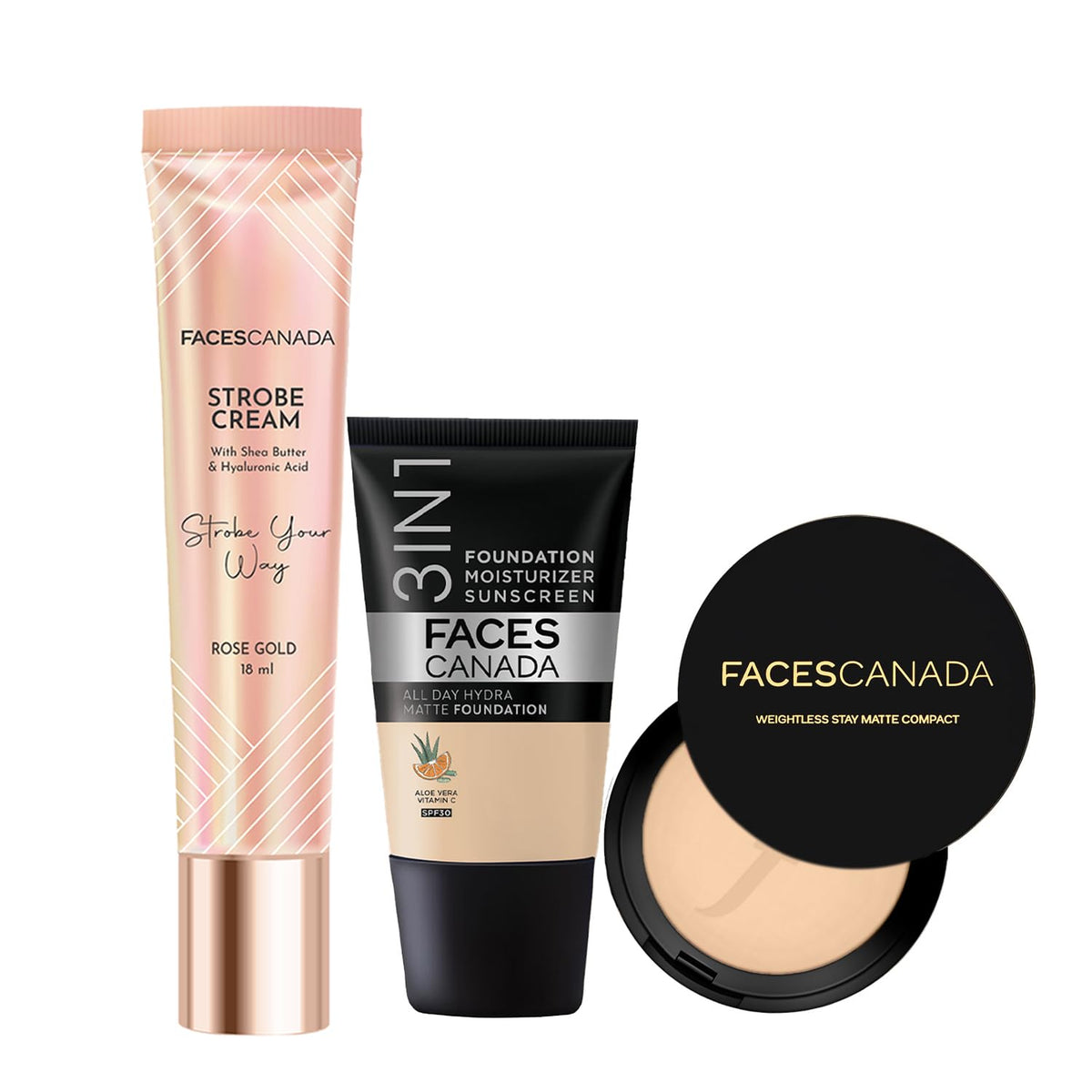 FACES CANADA Full Cover Glam Combo - Strobe Cream - Rose Gold (18 ml) + Weightless Stay Matte Compact Powder - Natural 02 (9 gm) - Hydra Matte Foundation - Abso