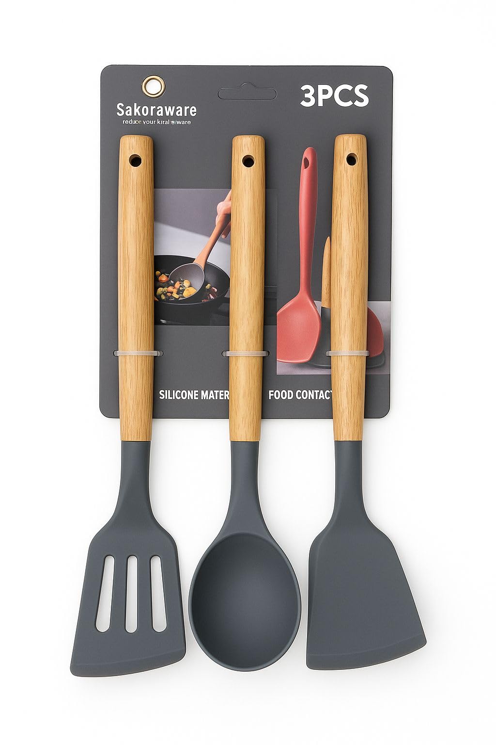 Sakoraware Silicone Spatula Set with Wooden Handle Kitchen Tools Mixing | Serving Cooking Spoon | Turner | Soup Ladle | Non-Stick | BPA Free Kitchen Tools Set o