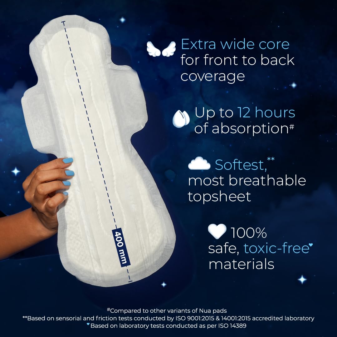 Nua All Night Comfort Sanitary Pads | Pack of 16 (XXXL 400mm) | Extra Wide Core | Front to Back Coverage | Upto 12 Hours of Absorption | Super Soft and Breathab