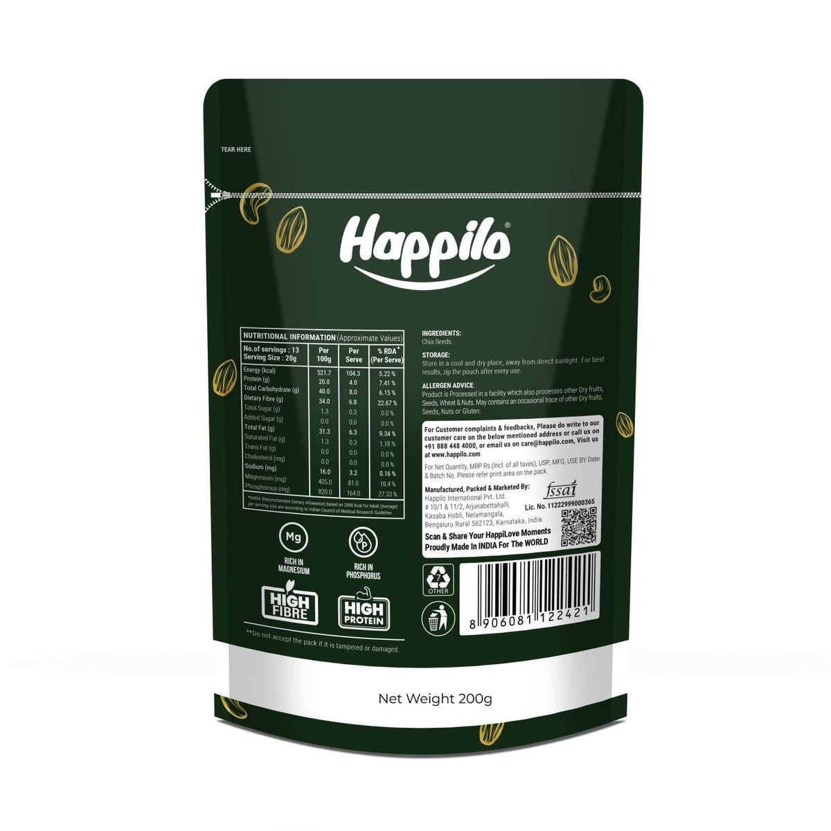 Happilo Premium Raw Chia Seeds 200g (Pack of 1) | Seed for Eating | Healthy Snacks | Good for Weight Management | Nutrient-Rich Superfood, High in Omega-3 Fatty