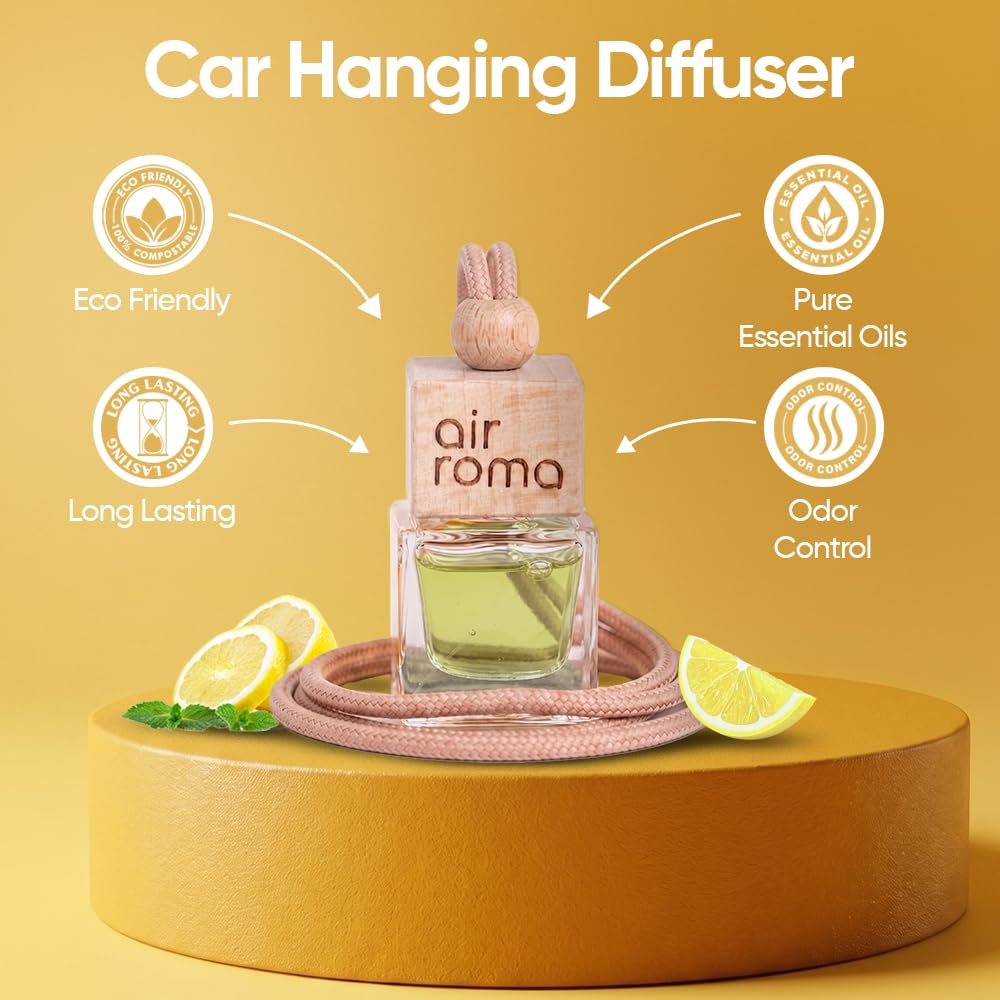 AIR-ROMA Citrus Car Hanging Air Freshener & Perfume (10 ml) – Energizing Lemon Zest Glass Diffuser Bottle for Car Rearview Mirror & Long-Lasting Odor Eliminatio