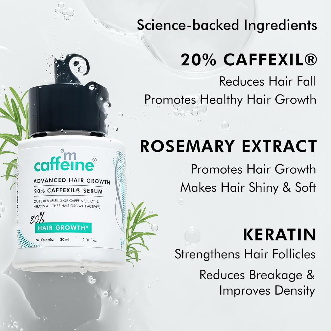 Mcaffeine Serum With 20% Caffexil Advanced, Biotin, Keratin & Rosemary | 80% Hair Growth, Increase Density & Control Fall | Nourishes Roots | For Women & Men -