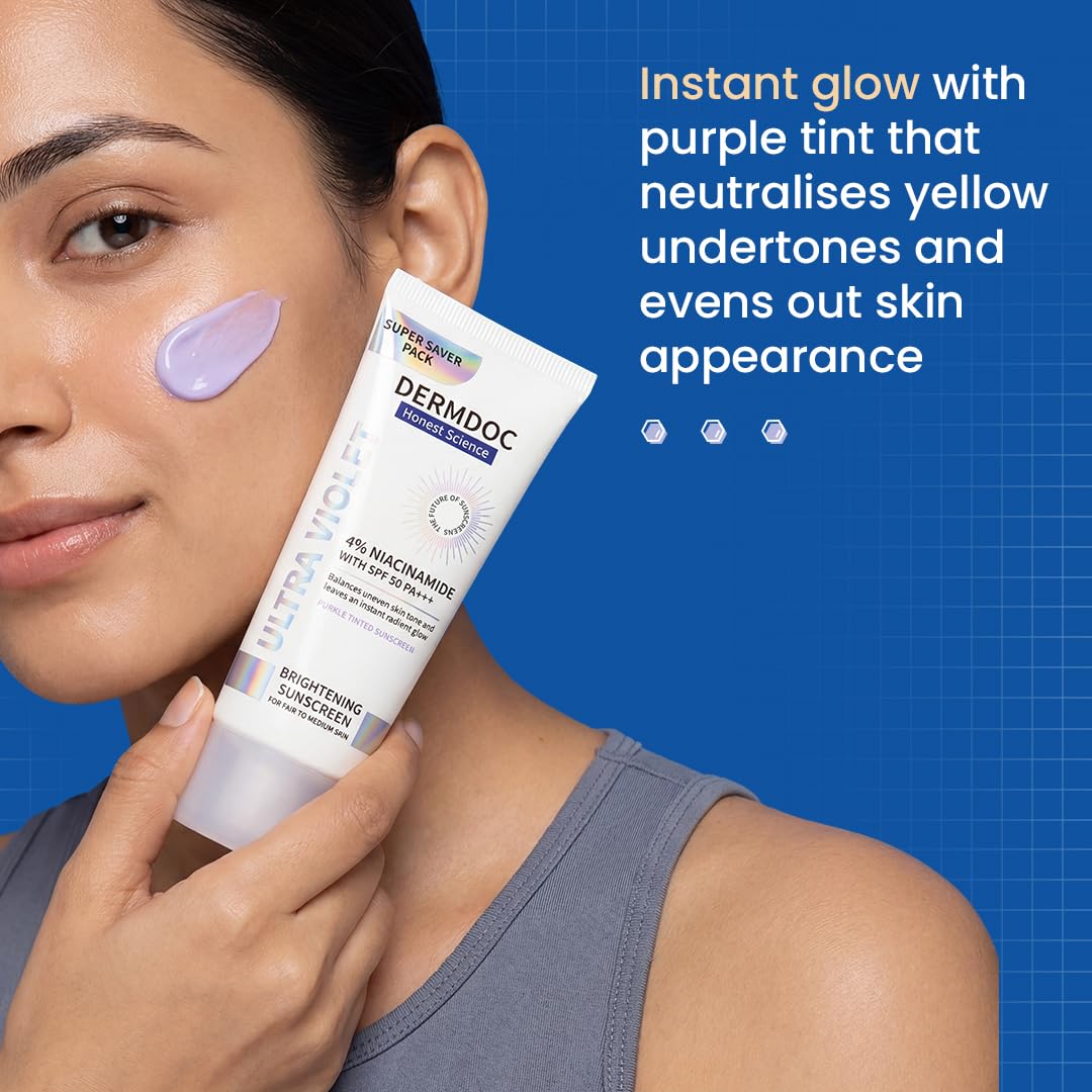 DERMDOC SPF 50 Ultra Violet Brightening Tinted Sunscreen with 4% Niacinamide, 100g | PA +++ | With Purple Tint | Evens Skin Tone | Lightweight | UVA & UVB Prote