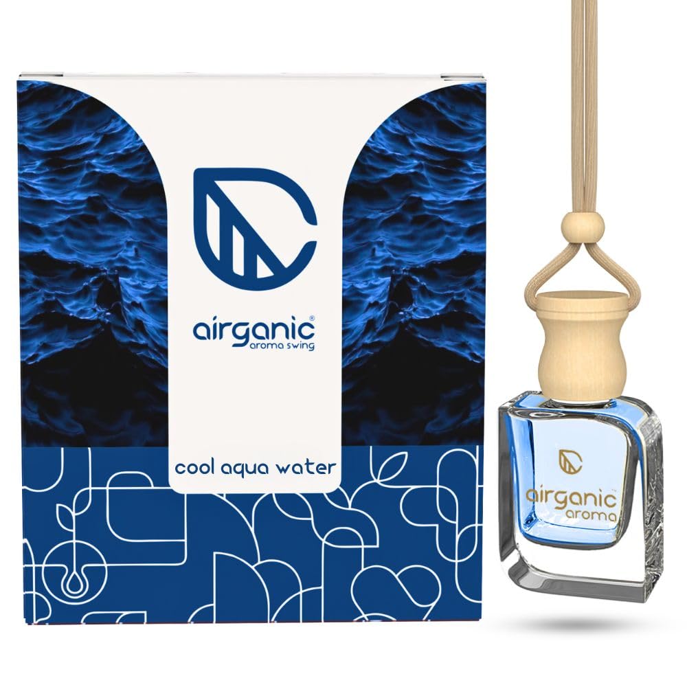 Airganic Swing Prime Car Perfume Hanging Pod-Musk, Sandalwood & Cool aqua Water-Pack 3| Car Air Freshener|Fragrance Oils in Glass Bottle with Wooden Diffuser Li