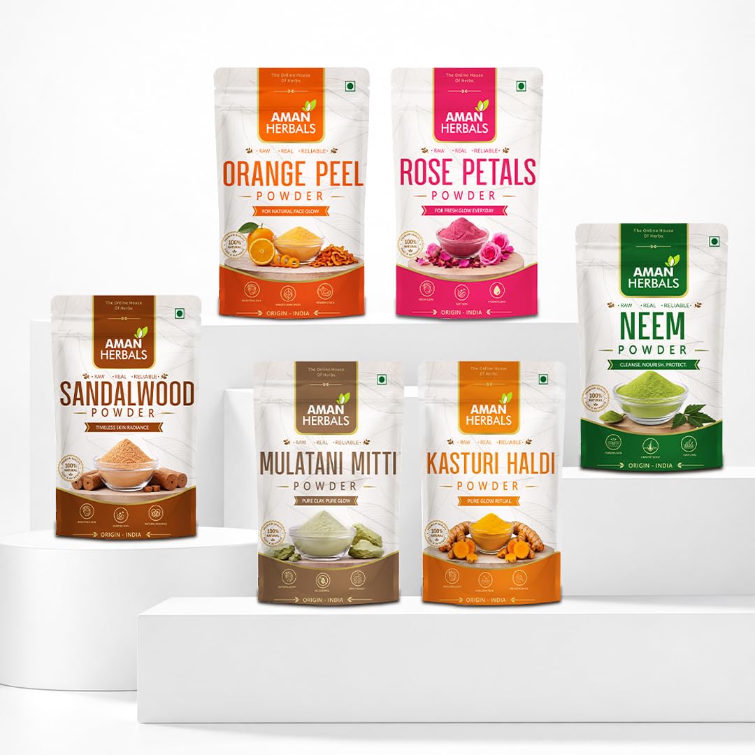 AMAN HERBALS - Skin Care Combo Pack - 6 Natural Powders (Sandalwood, Orange Peel, Neem Leaf, Rose Petal, Multani Mitti & Kasturi Turmeric) 100gm Each