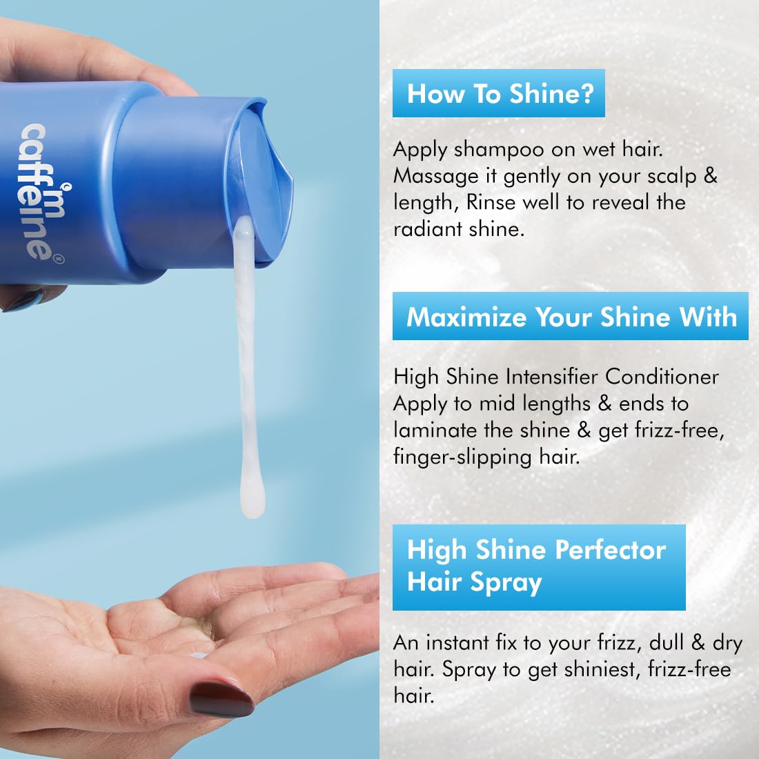 mCaffeine High Shine Glossy Hair Shampoo For Dull, Dry & Frizzy Hair | 3% Shine Complex - With Glycolic Acid & Hyaluronic Acid | 48 Hr Frizz Control | Fresh Flo