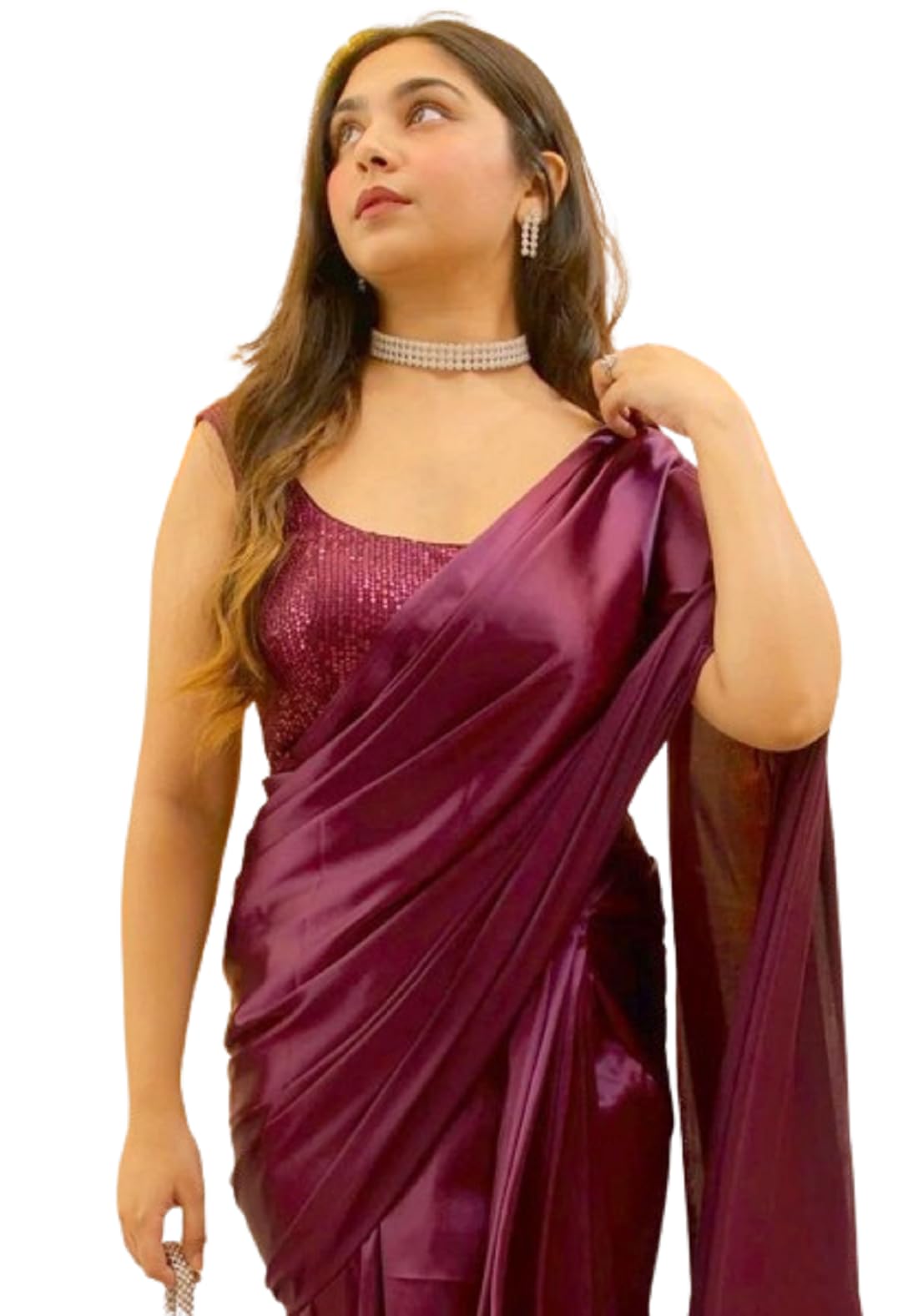 Women's Ready to Wear Satin Silk 1 Minute Pre Pleated Saree Bollywood with Sequence Unstiched Blouse (Wine) Free size Wine