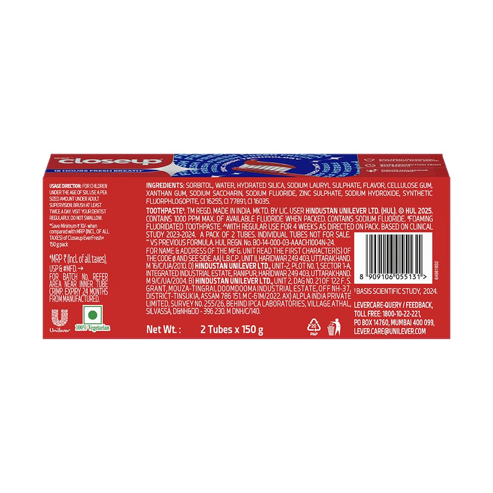 Close Up Toothpaste | Long lasting 18 Hours Of Fresh Breath & White Teeth - 300g (Pack of 2) 150 g (Pack of 2)
