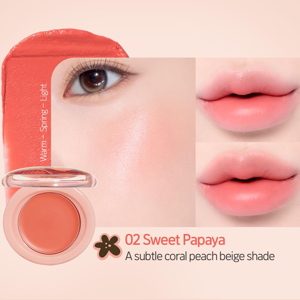 Etude Fruity Lip & Cheek Blur Balm| Cream blush, Soft Melting Texture| Highly pigmented Korean Tint| Cute Puff applicator|Korean Makeup-02 Sweet Papaya 2.3g