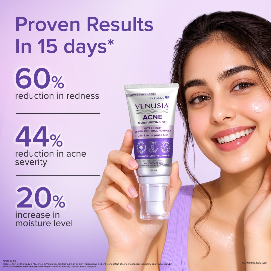 Dr. Reddy's Venusia Acne Moisturizing Gel For Oily & Acne Prone Skin | Ultra-light Sebum Control Formula With 5%+ Hydrating Complex, Polyglutamic Acid, 4-D Hyal