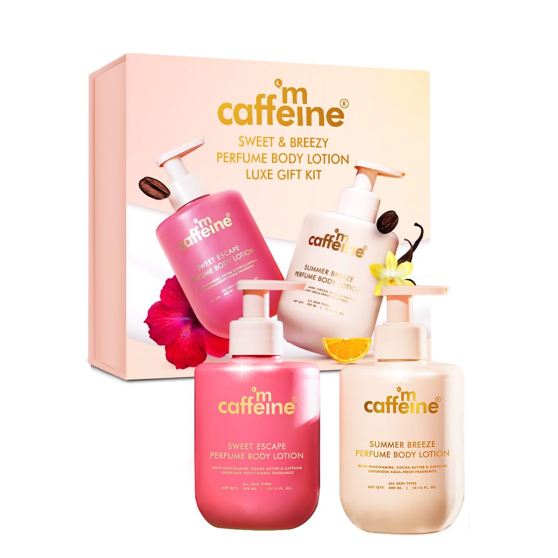 mCaffeine Perfume Body Lotion Gift Kit - Sweet & Breezy Luxe Body Care | Rakhi Gift Kit for Women & Men | Deeply Moisturizes with Niacinamide & Cocoa Butter | P