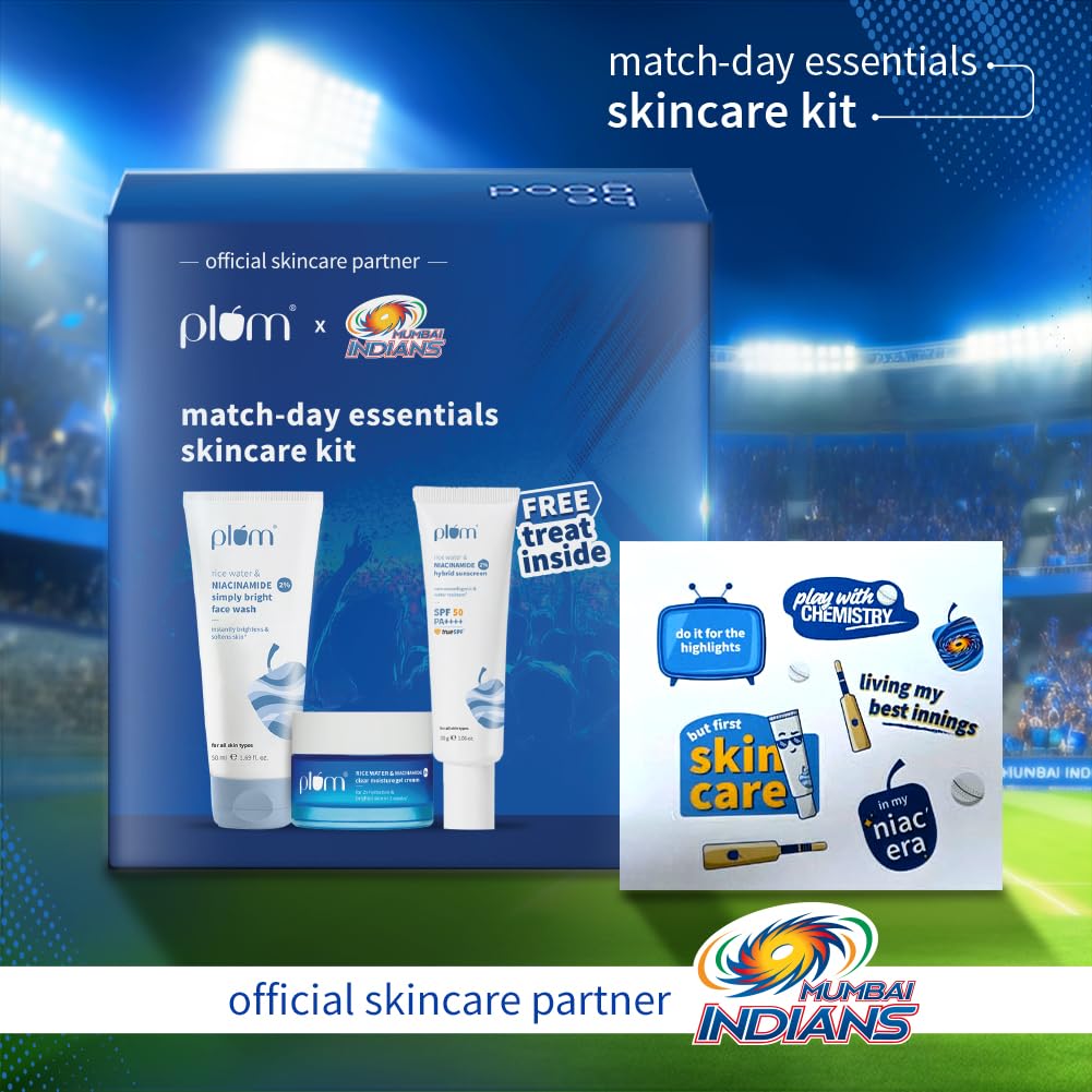 Plum x Mumbai Indians Match-Day Skincare Combo | Facewash, Moisturiser & Sunscreen | CMS Routine for Beginners | Daily Glow & Sun Protection Kit | 100% Vegan |