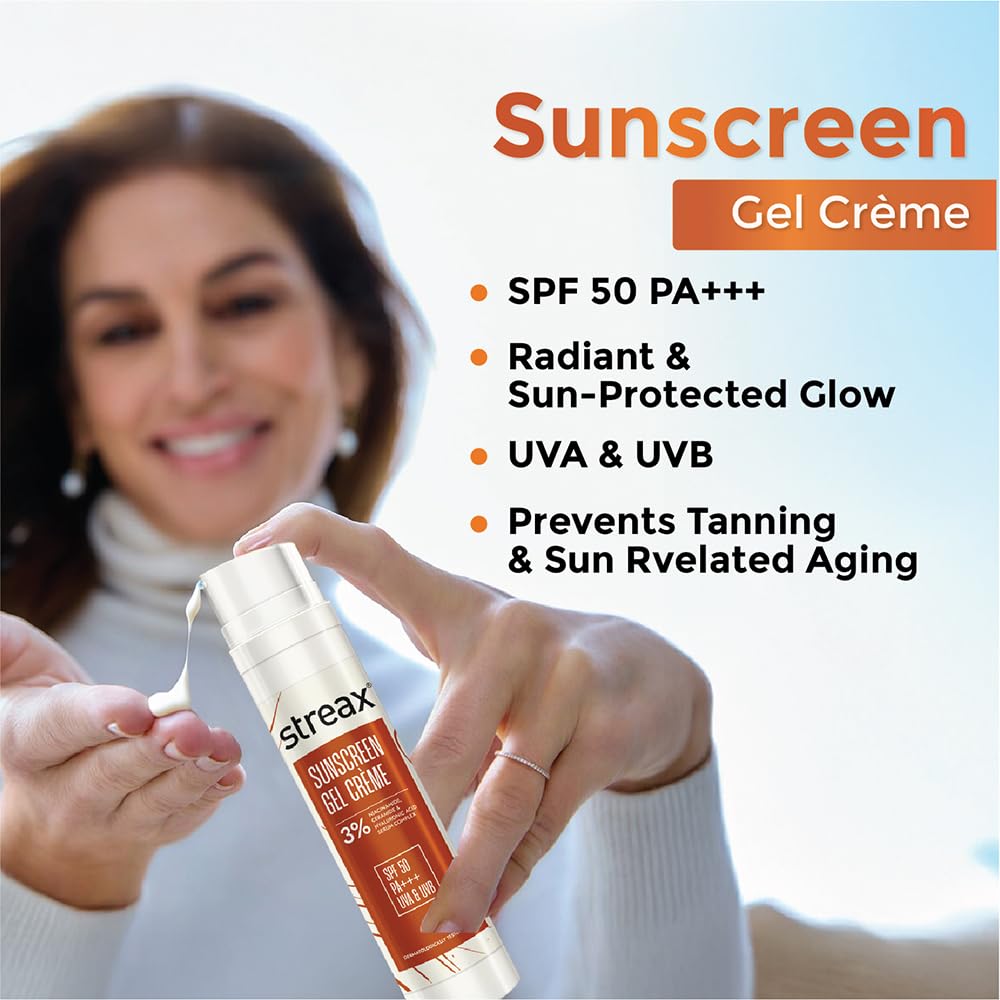 Streax Sunscreen Gel Crème SPF 50 PA+++, 50g | 3% Niacinamide | Serum Infused Sunscreen | Non-Oily, No White Cast | Hydrating & Brightening